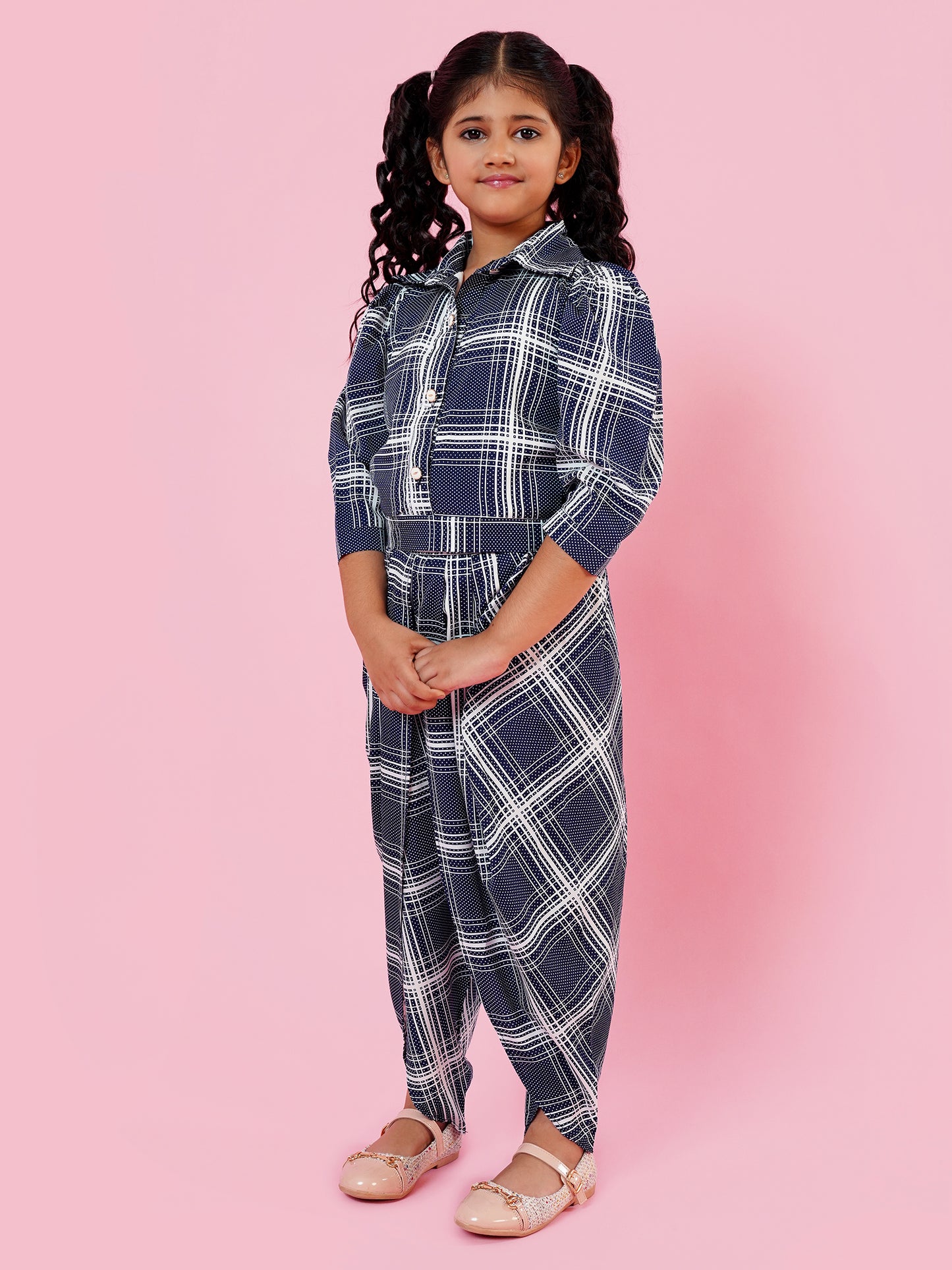 AJ Dezines Blue Cotton Blend 3-4th Sleeves Check Print Girls Co-Ords