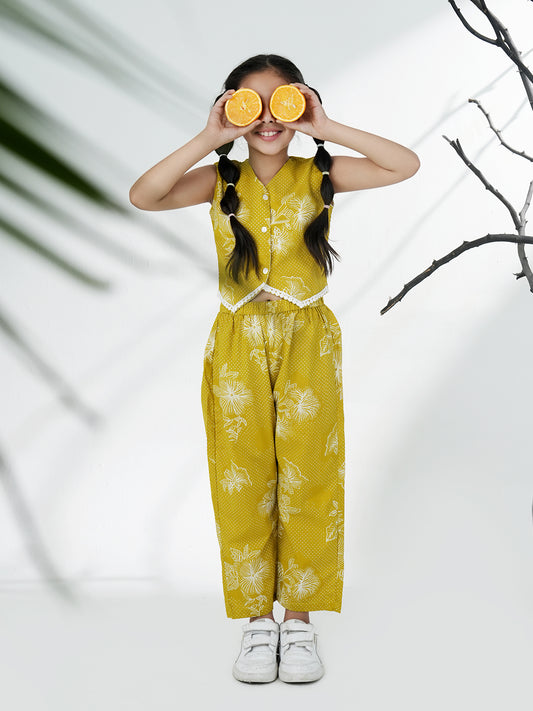 AJ Dezines Green Cotton Sleeveless Printed Girls Co-Ords