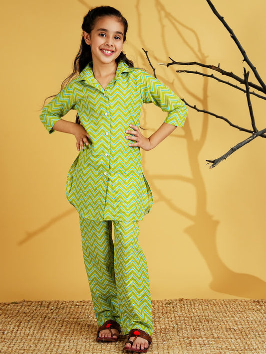 AJ Dezines Green Cotton 3/4th Sleeves Zig-zag Printed Girls Co-Ords