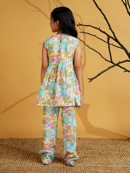 AJ Dezines Blue Cotton Sleeveless Floral Print and Lace Work Girls Co-Ords