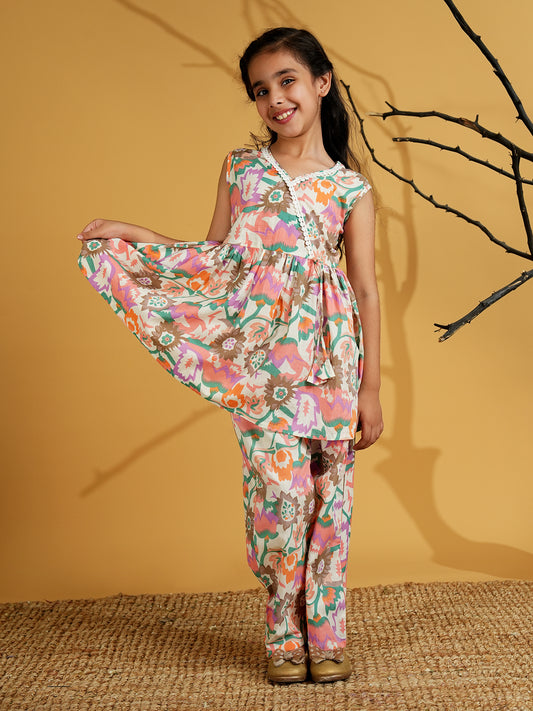 AJ Dezines Pink Cotton Sleeveless Floral Print with Lace Work Girls Co-Ords