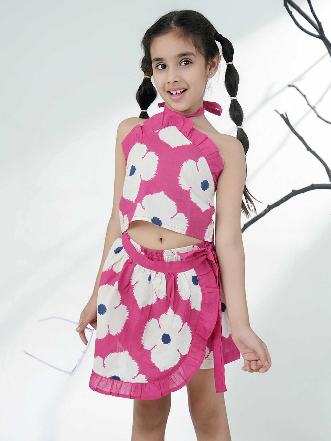 Aj Dezines Pink Cotton Sleeveless Floral Printed Girls Top and Skort Co-Ords