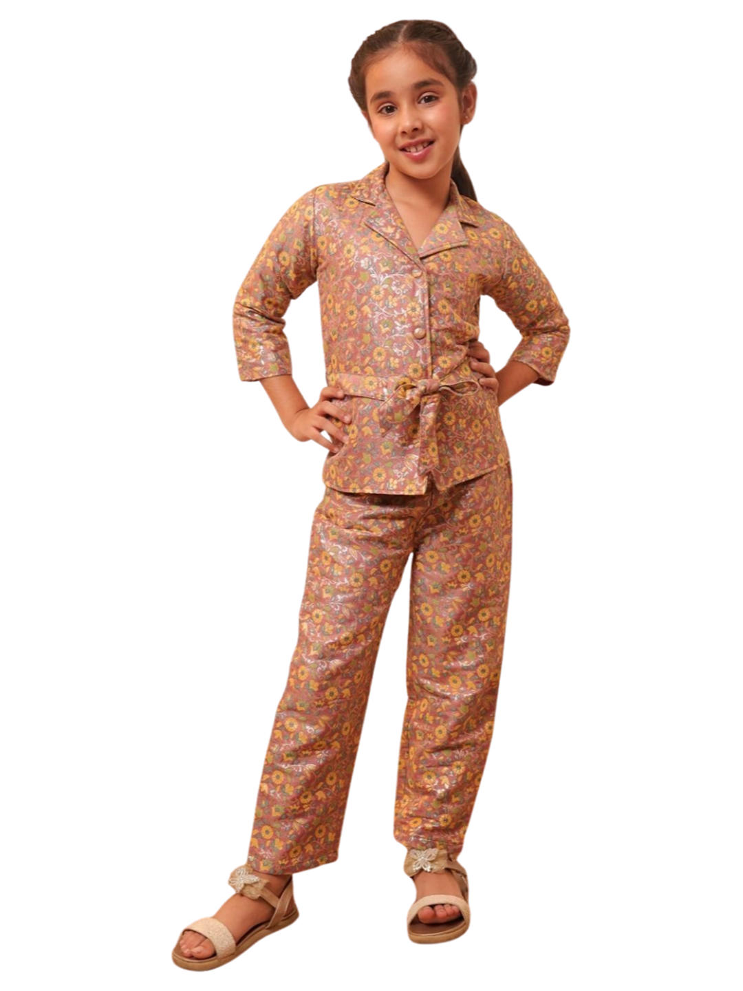 AJ Dezines Peach Brocade 3/4th Sleeves Floral Print Girls Co-Ords