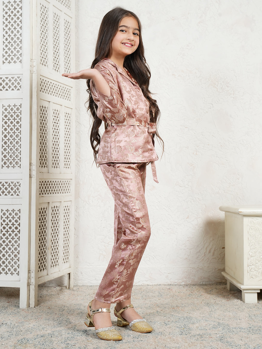 AJ Dezines Pink Brocade 3/4th Sleeves Floral Print Girls Co-Ords