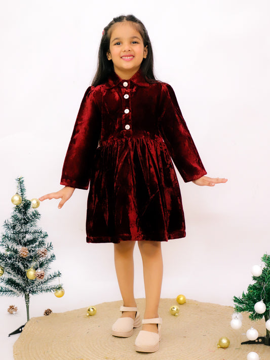 AJ Dezines Maroon Velvet Full Sleeves Solid Frock