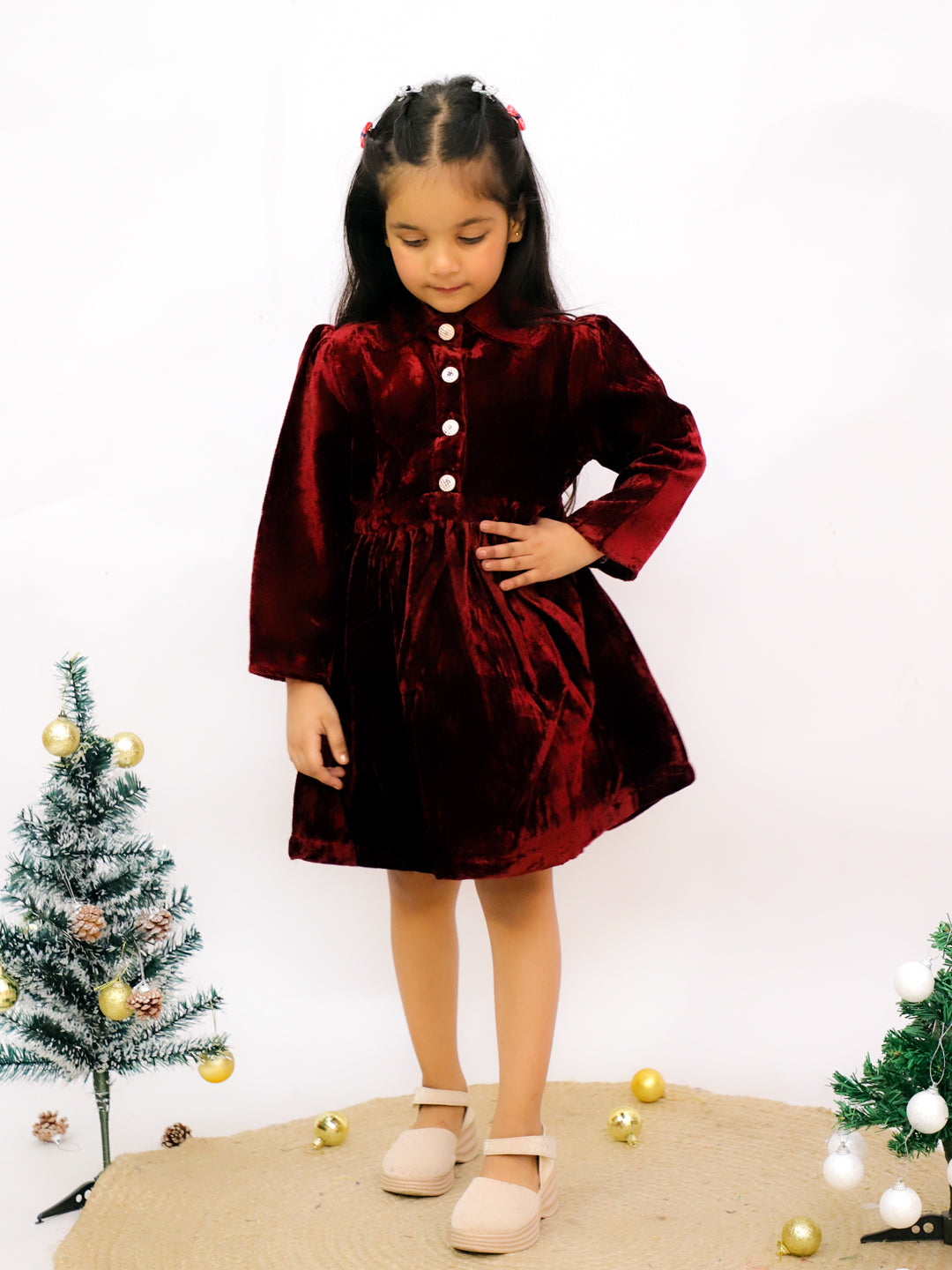 AJ Dezines Maroon Velvet Full Sleeves Solid Frock