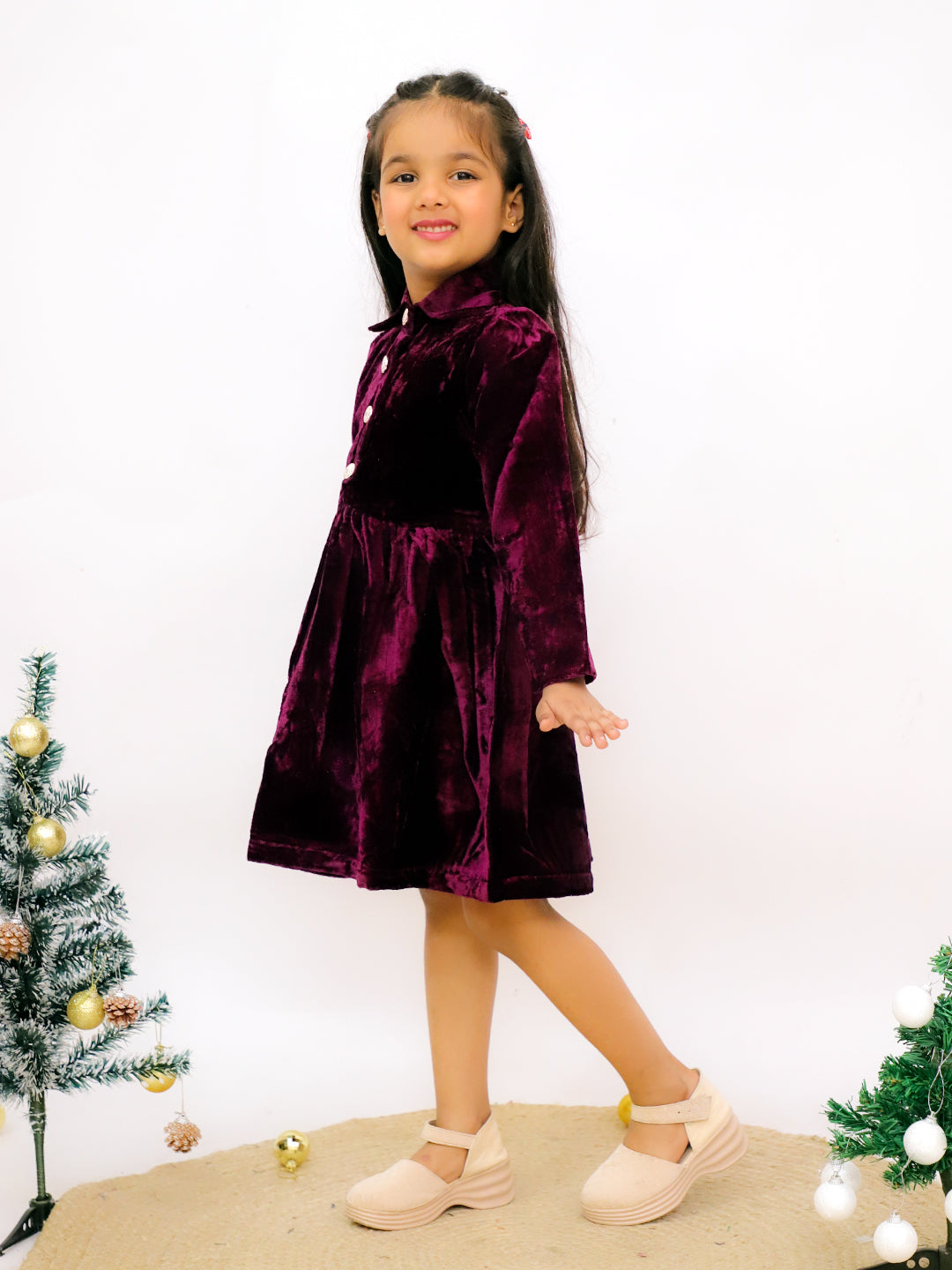 AJ Dezines Purple Velvet Full Sleeves Solid Frock
