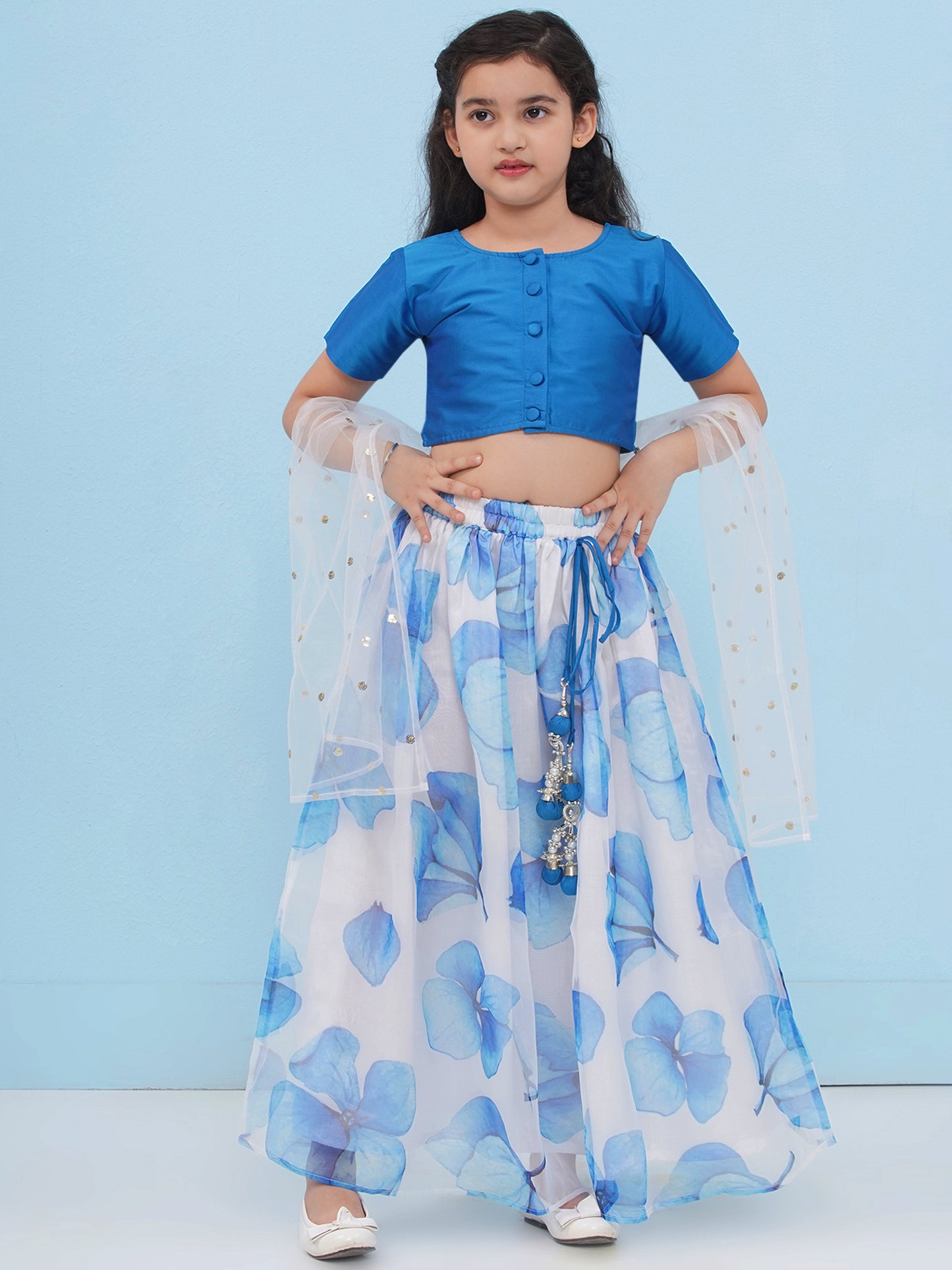 Aj Dezines Blue Organza Half Sleeves Floral Print Lehenga Choli For Girls
