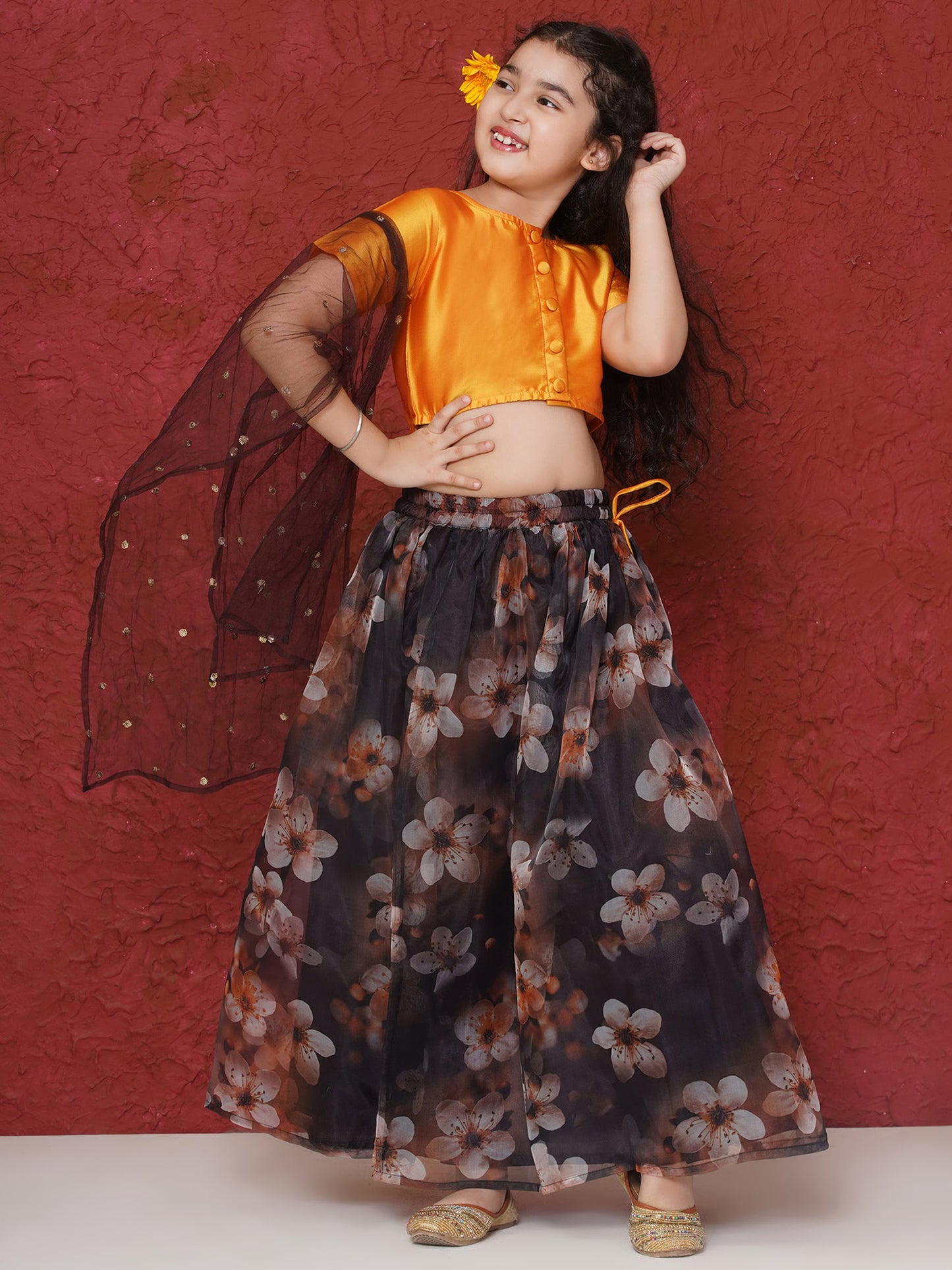 Aj Dezines Yellow Organza Half Sleeves Floral Print Lehenga Choli For Girls