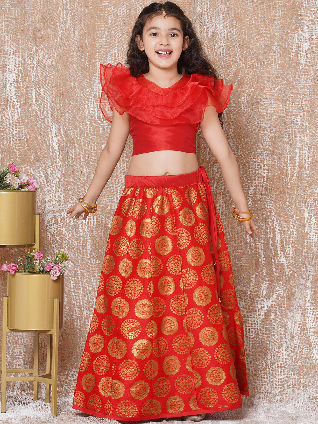Kids Girls Red Solid Brocade Lehenga Choli - Main Image
