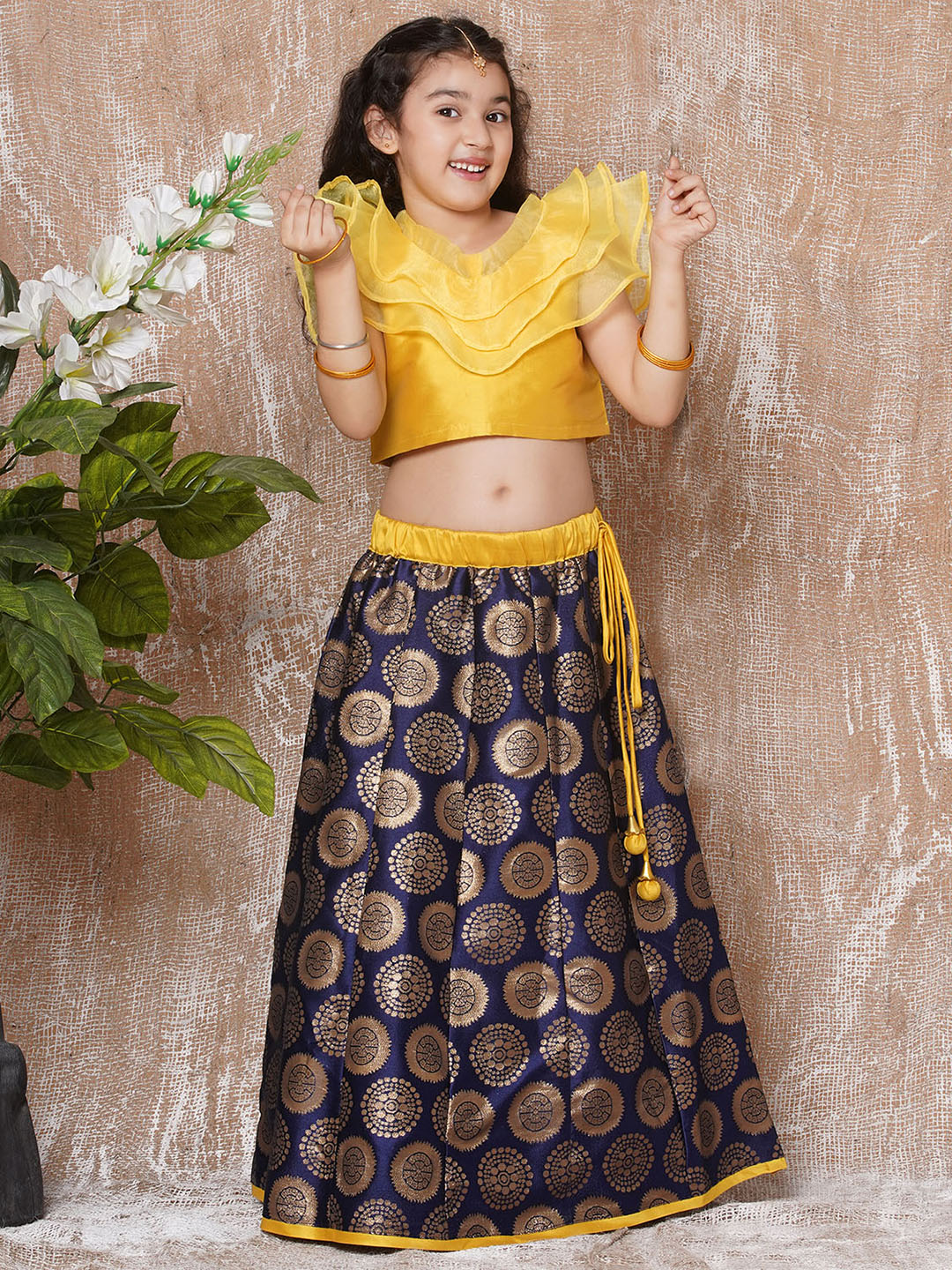 Kids Girls Yellow Solid Brocade Lehenga Choli