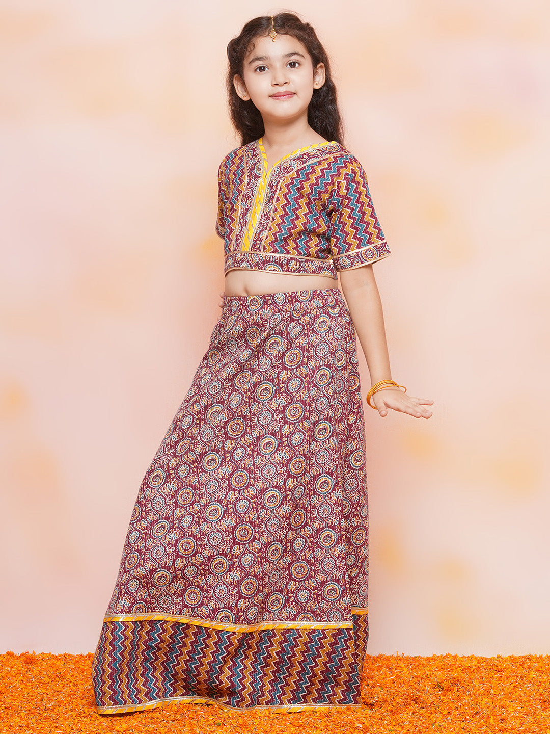 Kids Girls Maroon Zig Zag Cotton Lehenga Choli