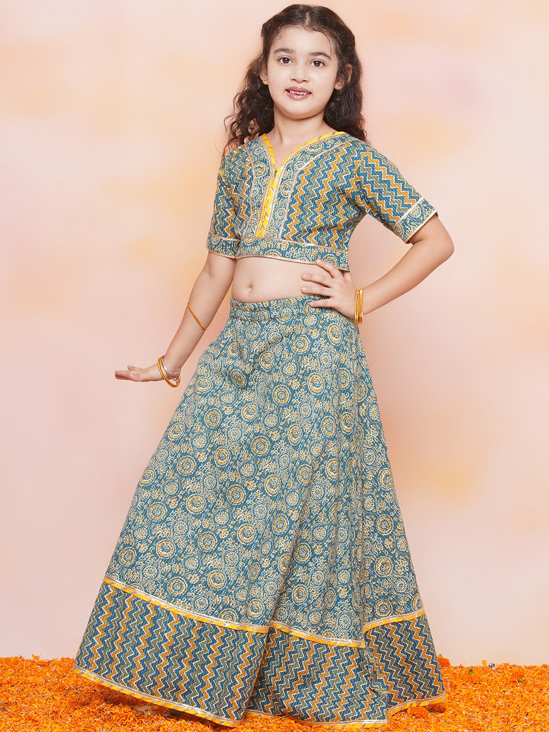 Kids Girls TEAL-Blue Zig Zag Cotton Lehenga Choli