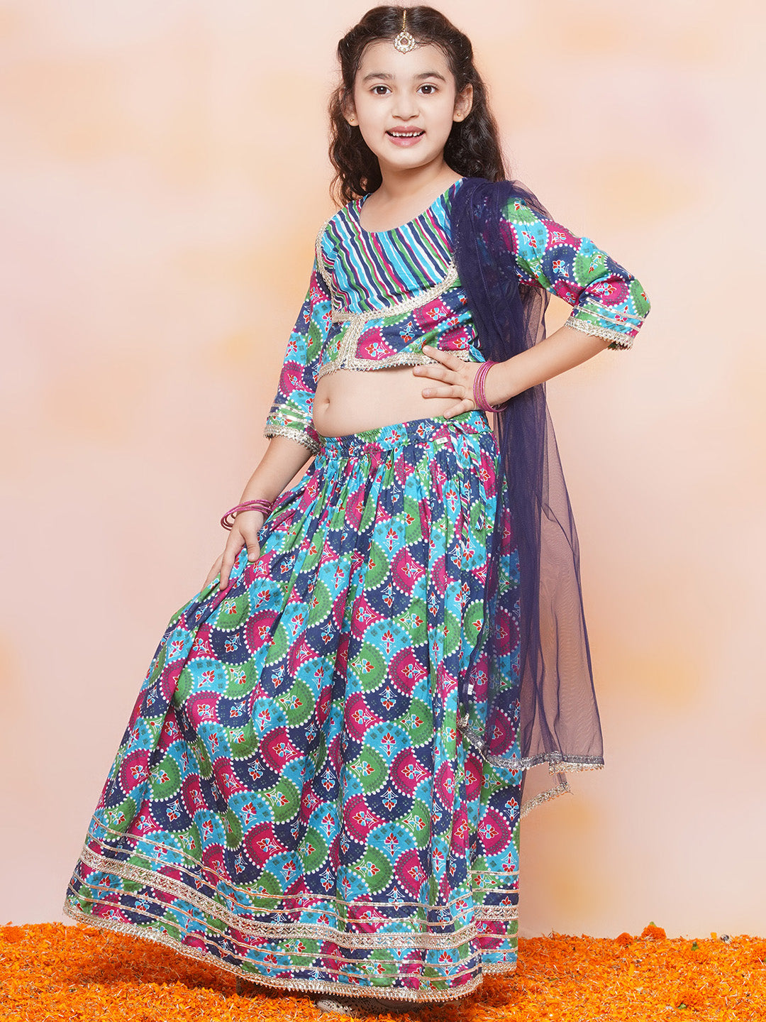 Kids Girls Blue Printed Cotton Lehenga Choli