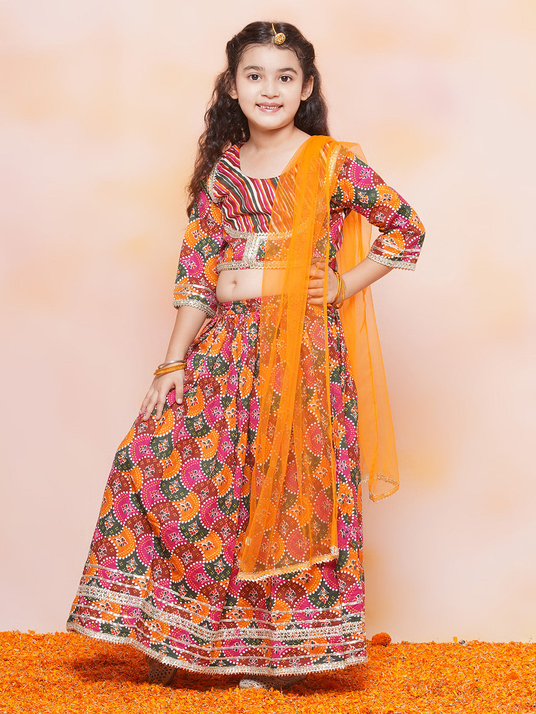 Kids Girls Orange Printed Cotton Lehenga Choli