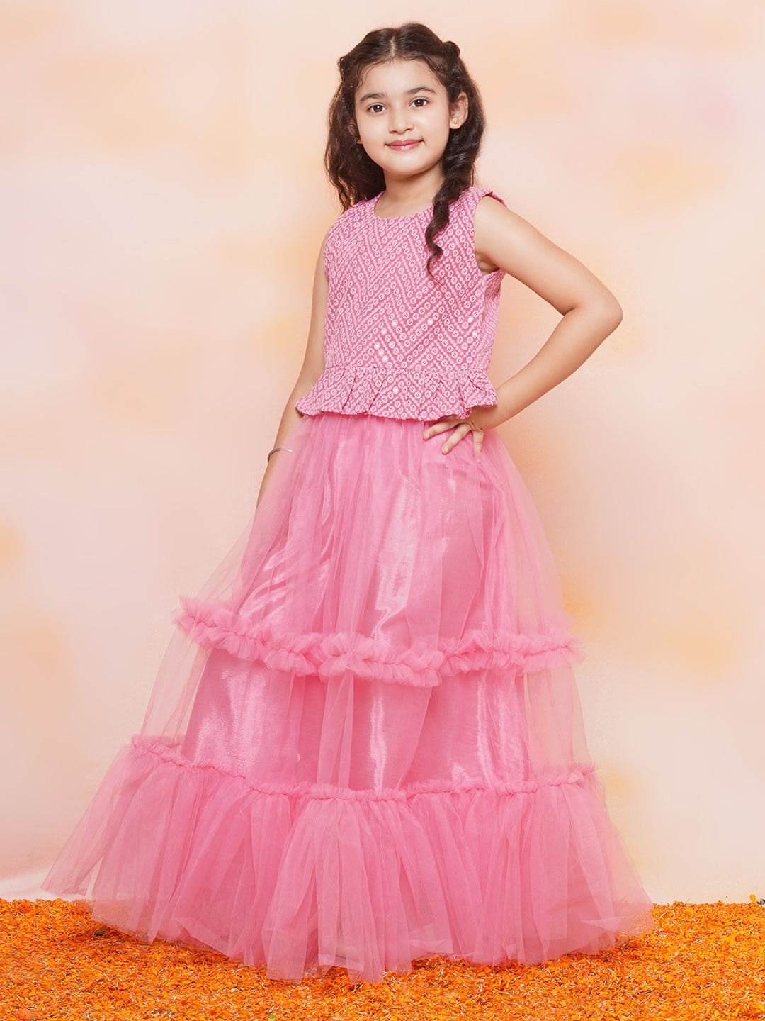 Kids Girls Pink Chikankari Georgette Lehenga Choli
