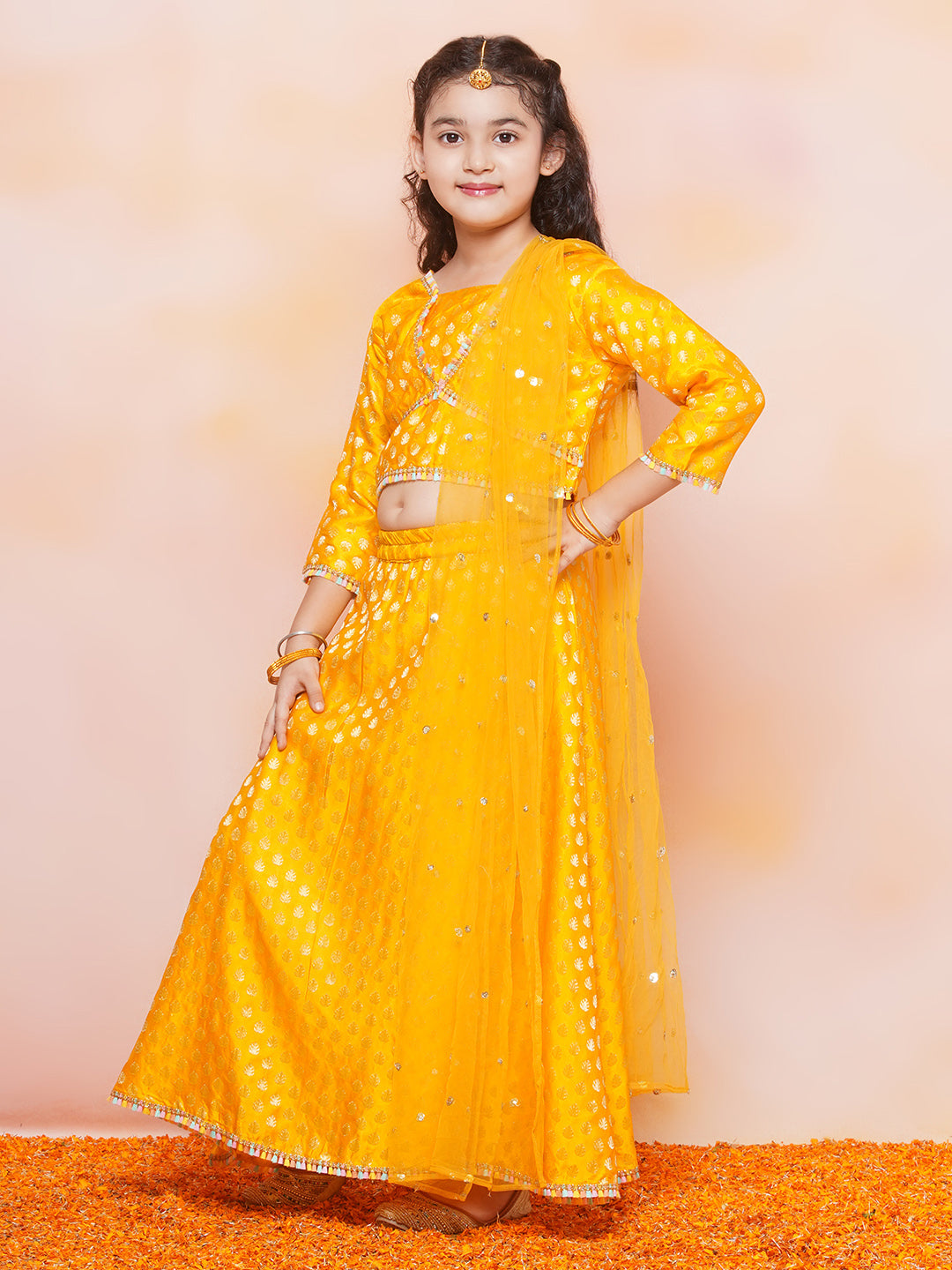 Kids Girls MUSTARD Brasso Jacquard/Brocade Lehenga Choli