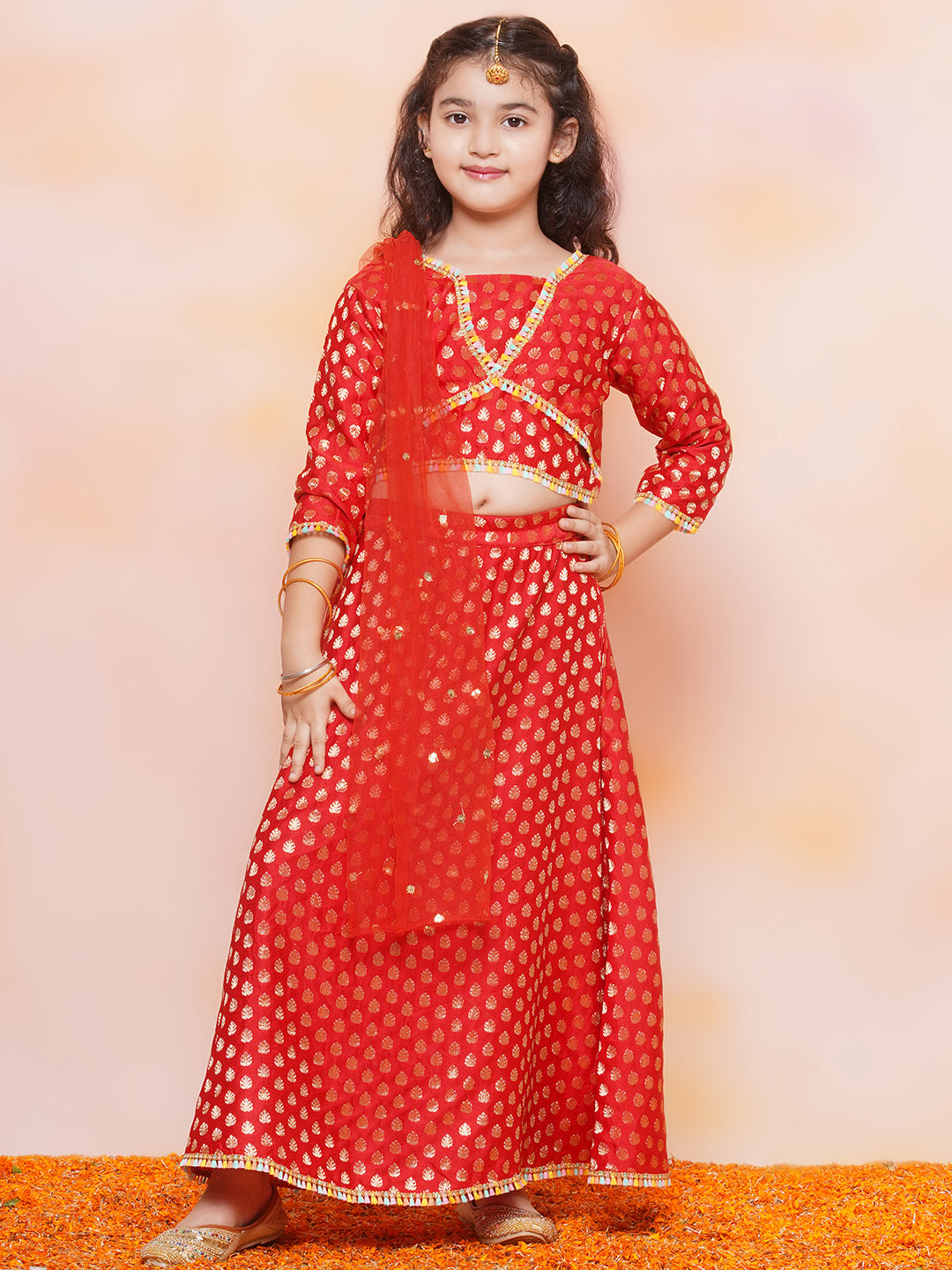 Kids Girls RED Brasso Jacquard/Brocade Lehenga Choli