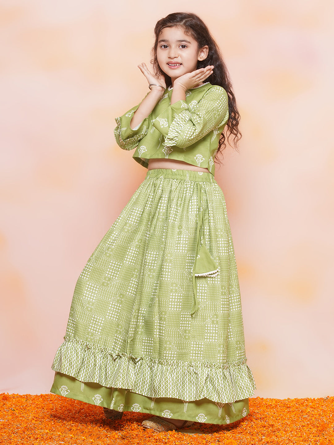 Kids Girls Green Floral Print Cotton Lehenga Choli