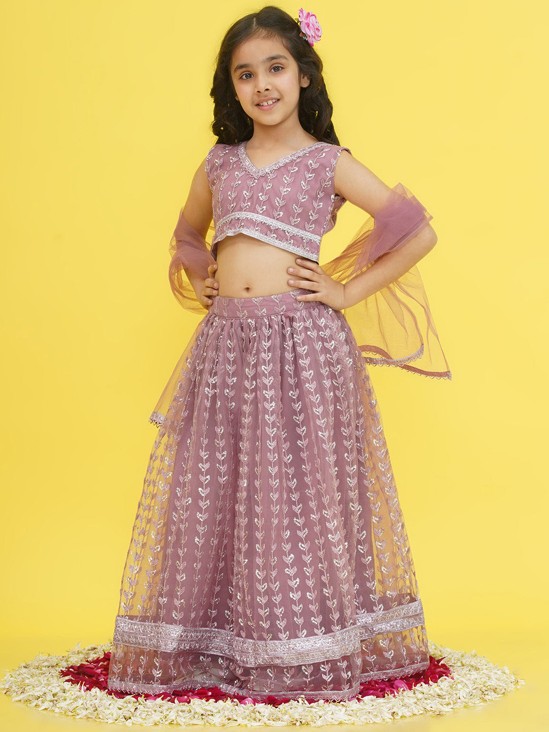Aj Dezines Mauve Sleeveless Sequenced Cotton Blend Lehenga Choli For Girls
