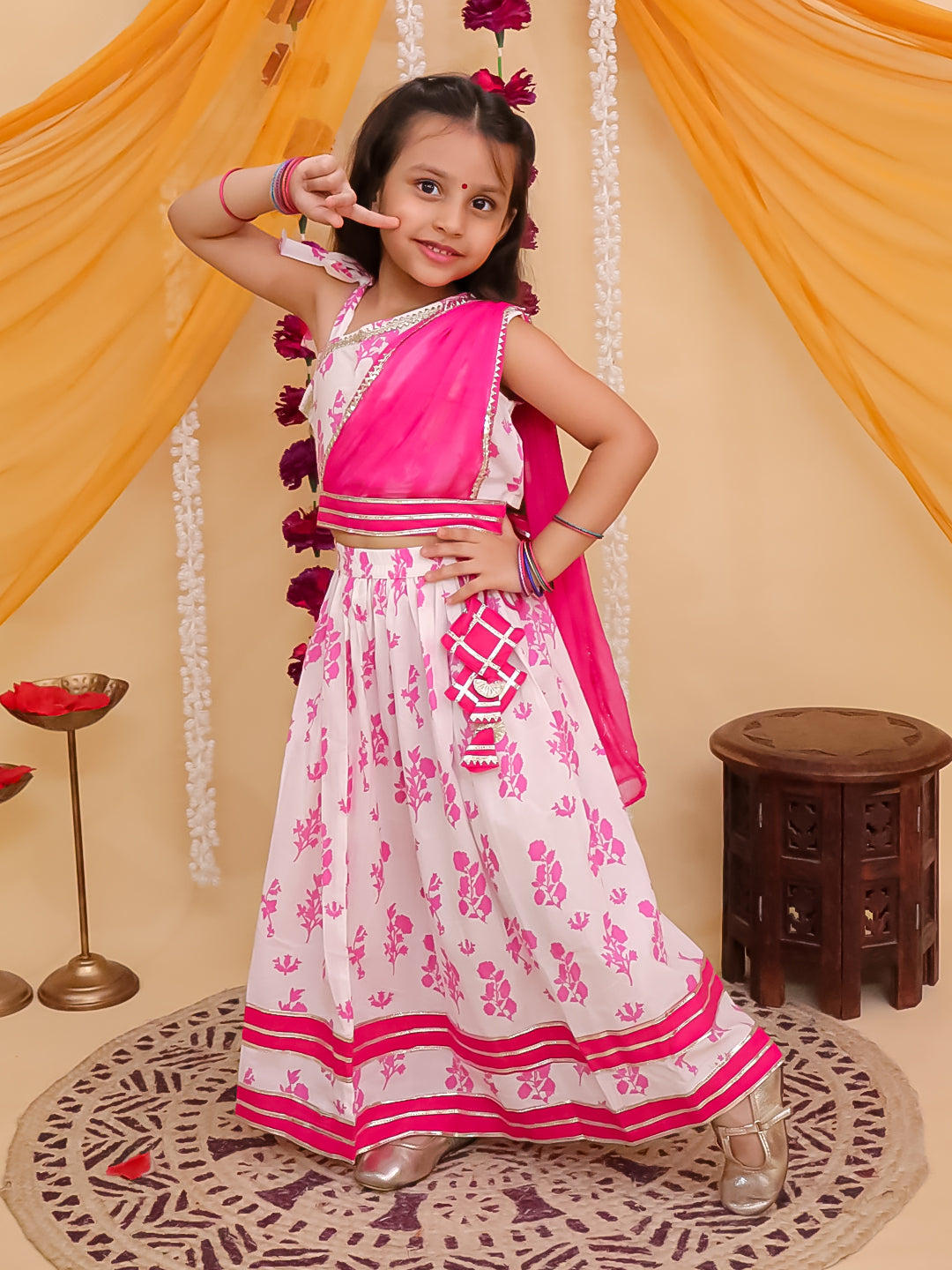Pink Cotton Sleeveless Floral Printed Lehenga Choli with Laktan