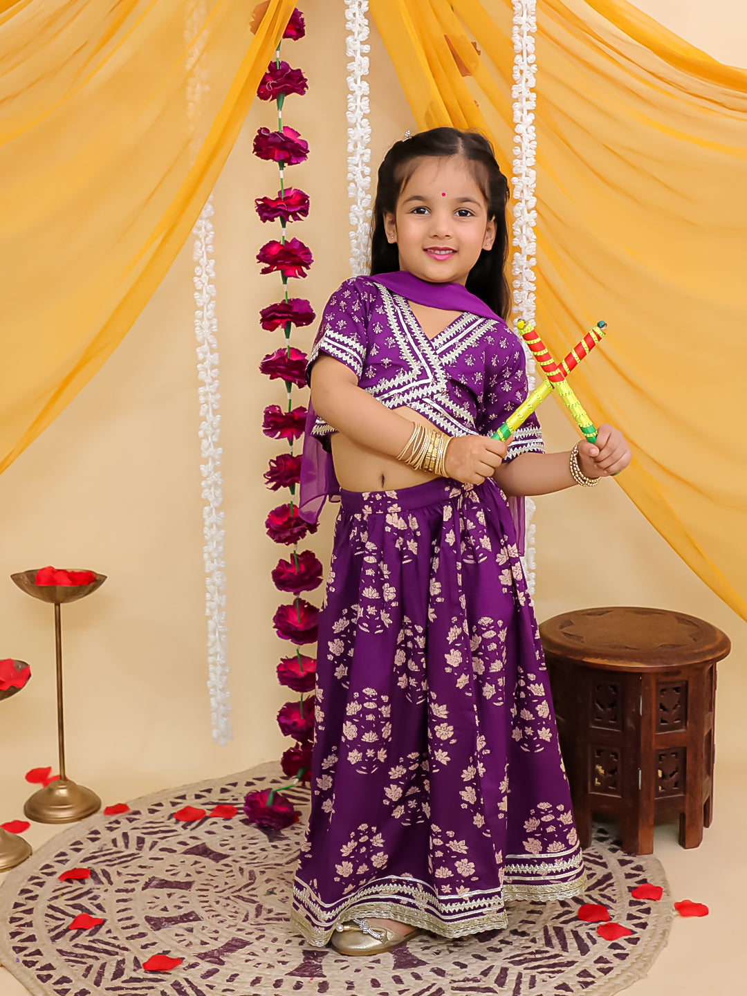 Purple Cotton Half-Sleeves Floral Printed Lehenga Choli