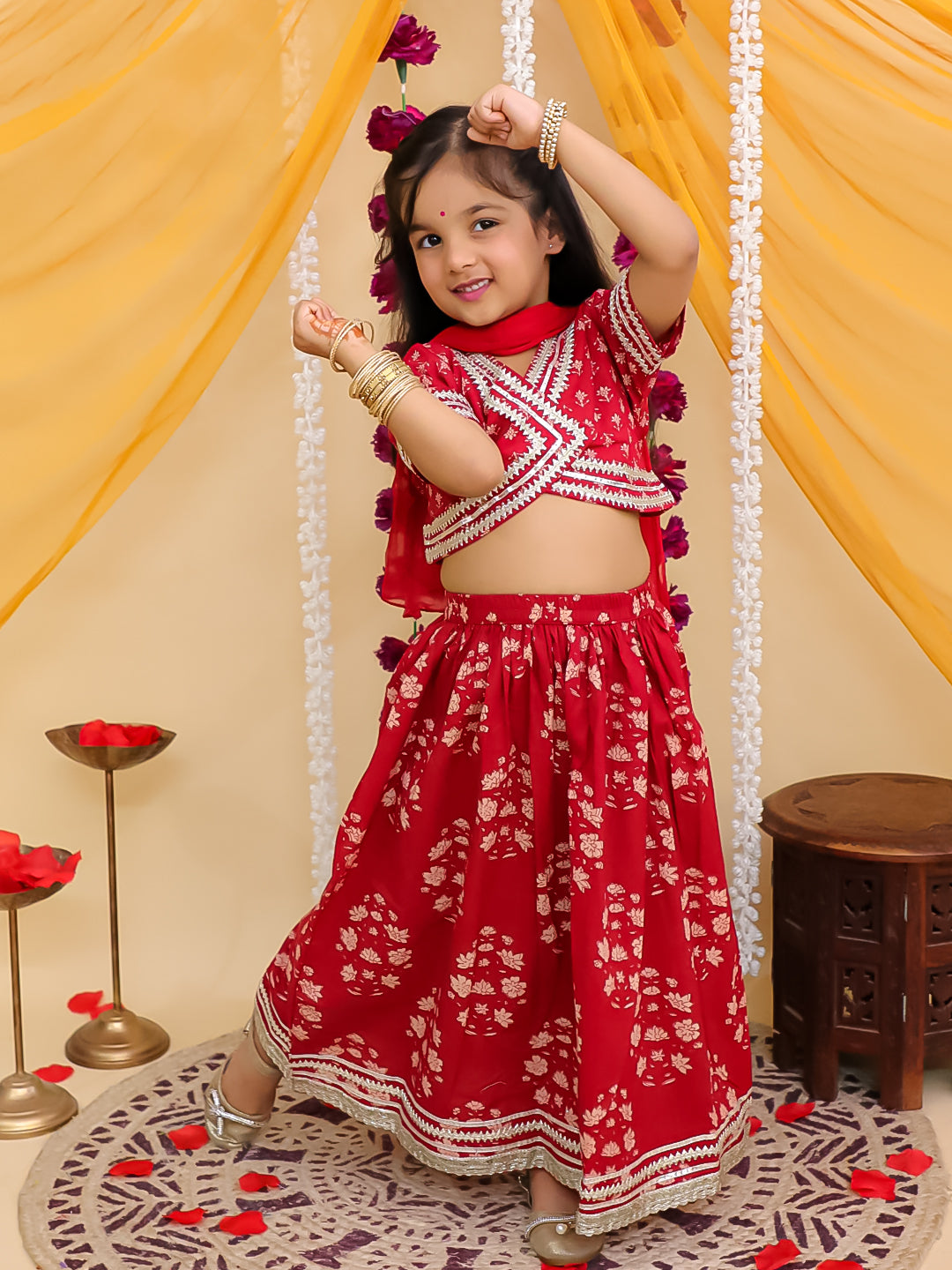 Girls Red Cotton Half-Sleeves Floral Printed Lehenga Choli