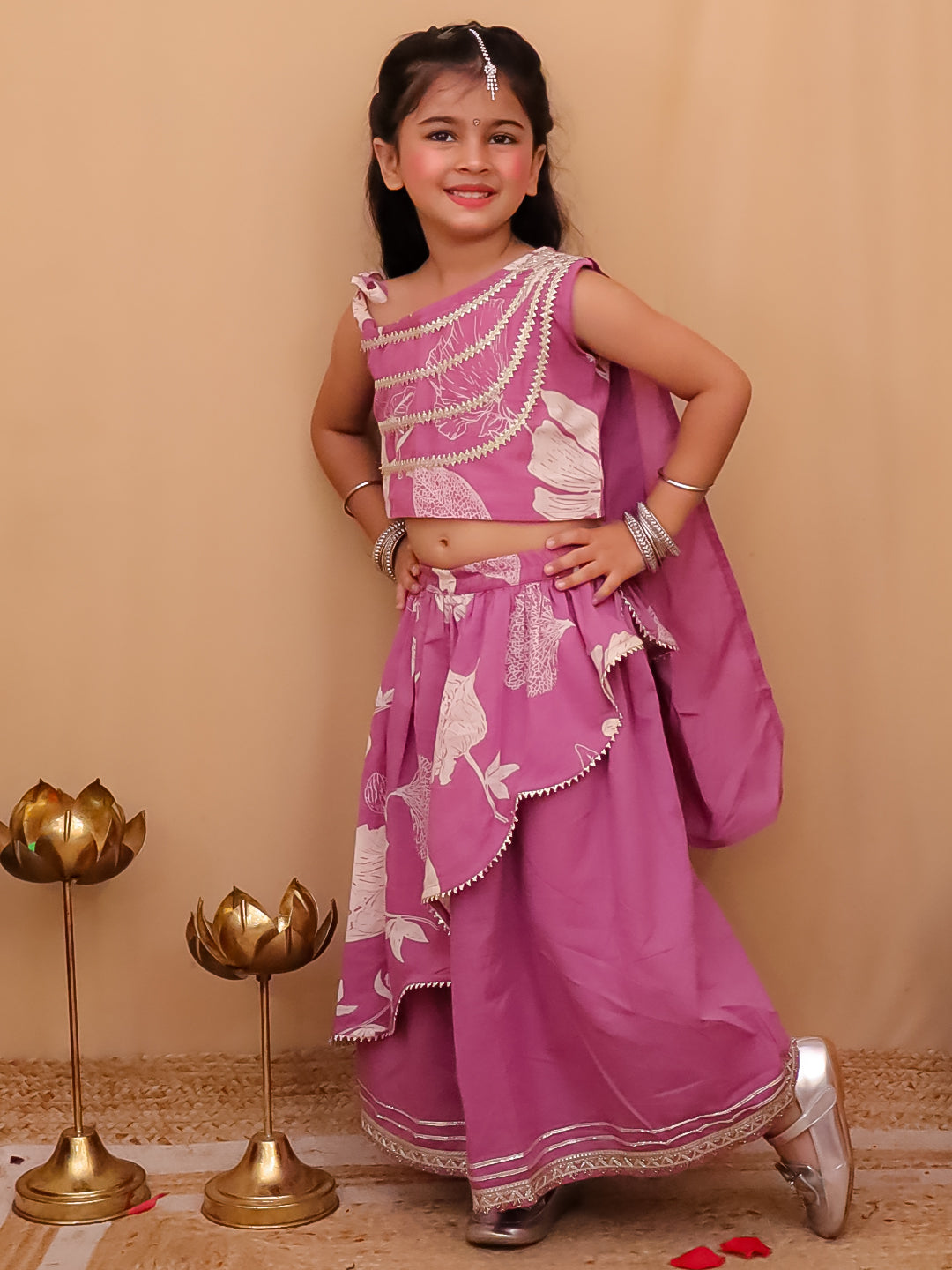 AJ Dezines Pink Cotton Sleeveless Floral Printed And Gotta Work Lehenga Choli