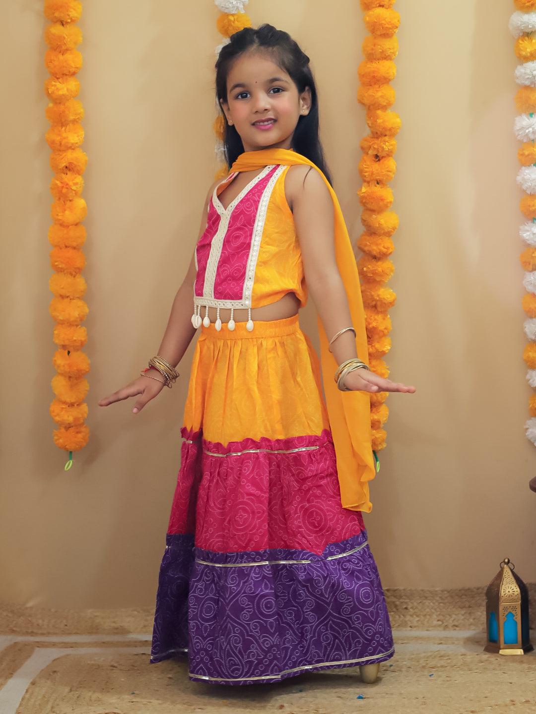 Girls Yellow Cotton Sleeveless Floral Printed Lehenga Choli