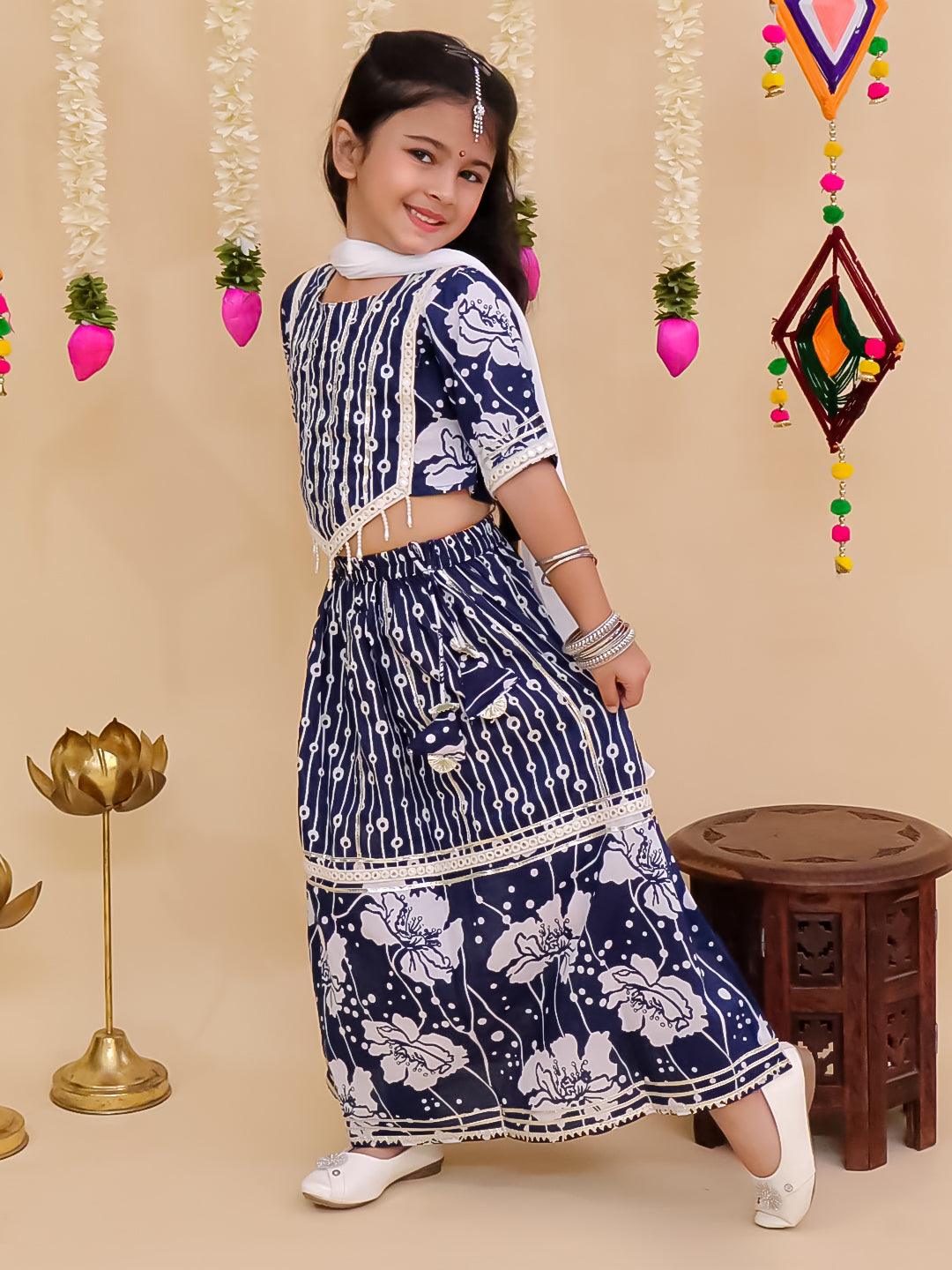 Girls Blue Cotton Half-Sleeves Floral Printed Lehenga Choli