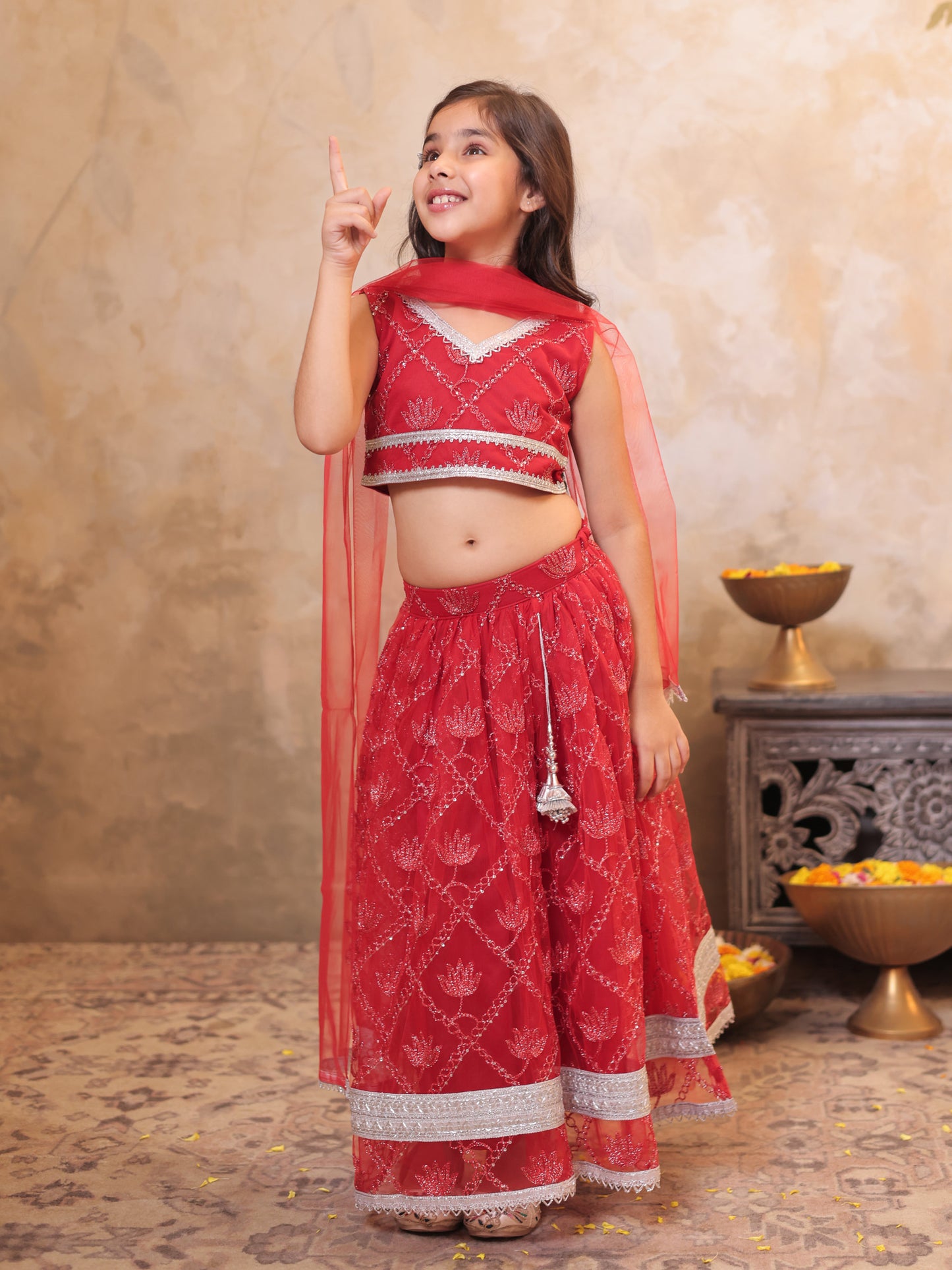 Girls Red Net Sleeveless Heavy Embroidered Lehenga Choli