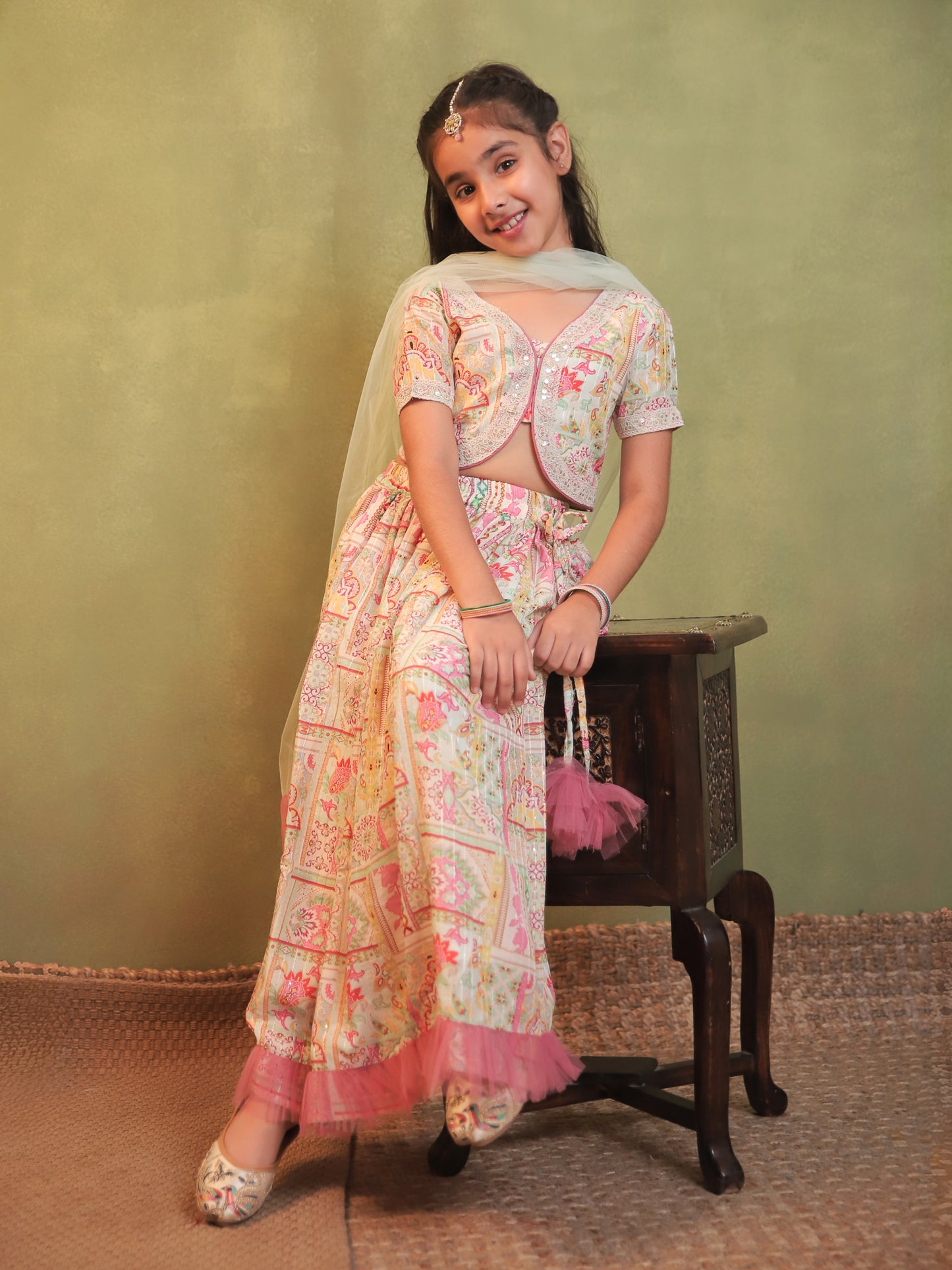 Girls Light Pink Cotton Blend Half Sleeves Printed and Net Frills Lehenga Choli