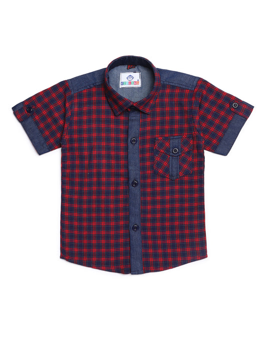 Kids Boys Red Checkered Cotton Blend Top & Bottom Set