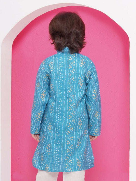 Kids Blue Cotton Bandhani Kurta For Boys