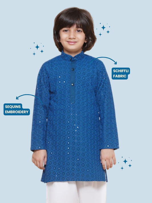 NAVY BLUE Schiffli Full sleeves Embroidered Kurta for Boys