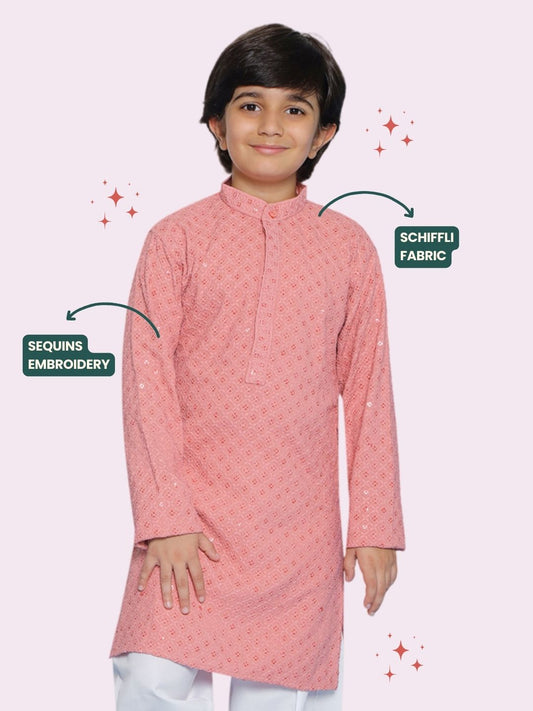 PEACH Schiffli Full sleeves Embroidered Kurta for Boys