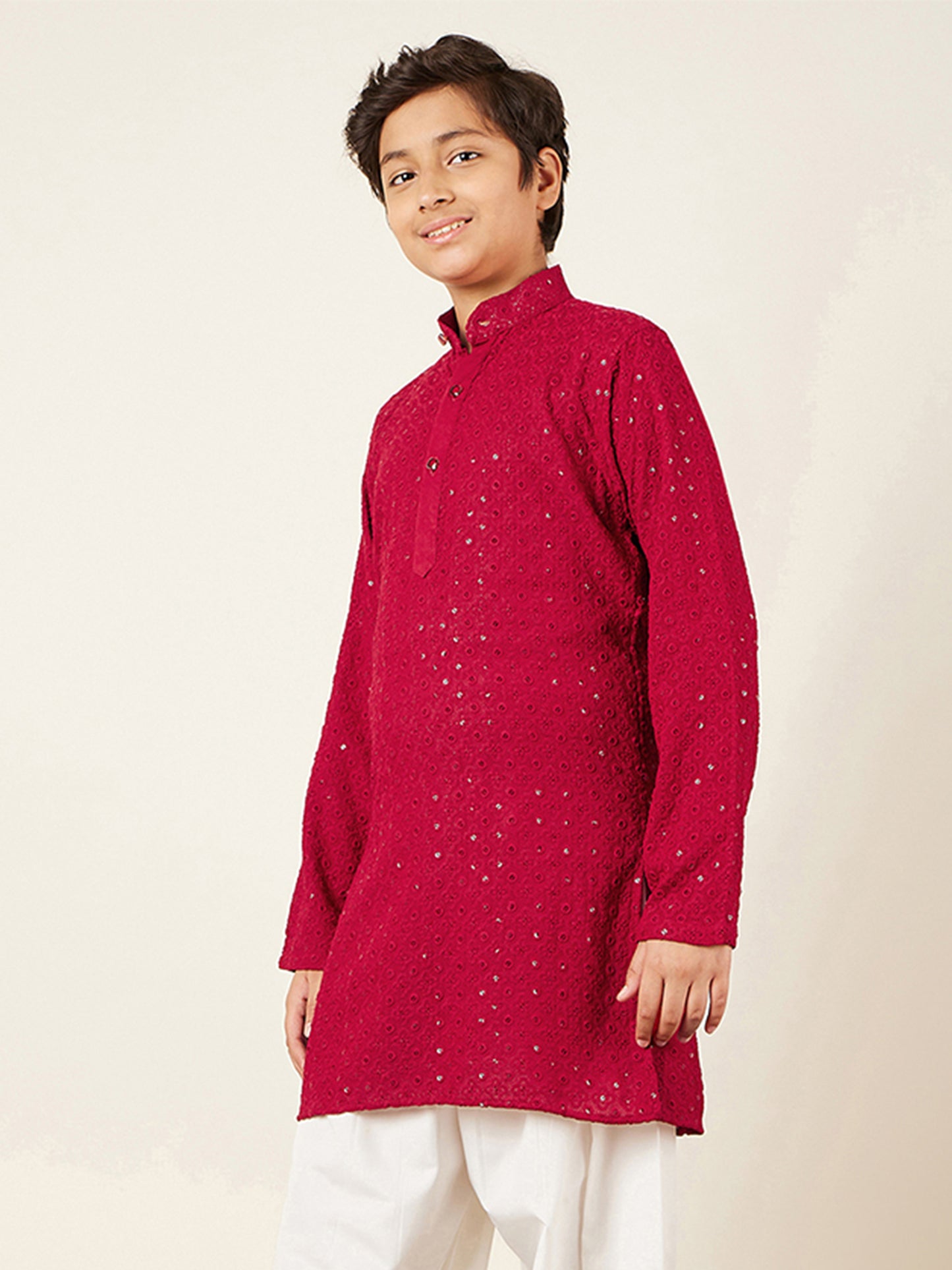 AJ Dezines Kids Red Cotton Sequined Chikankari Kurta For Boys
