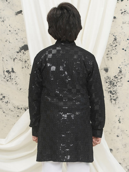 AJ Dezines Black Full sleeves Sequenced Chikankari Kurta For Boys