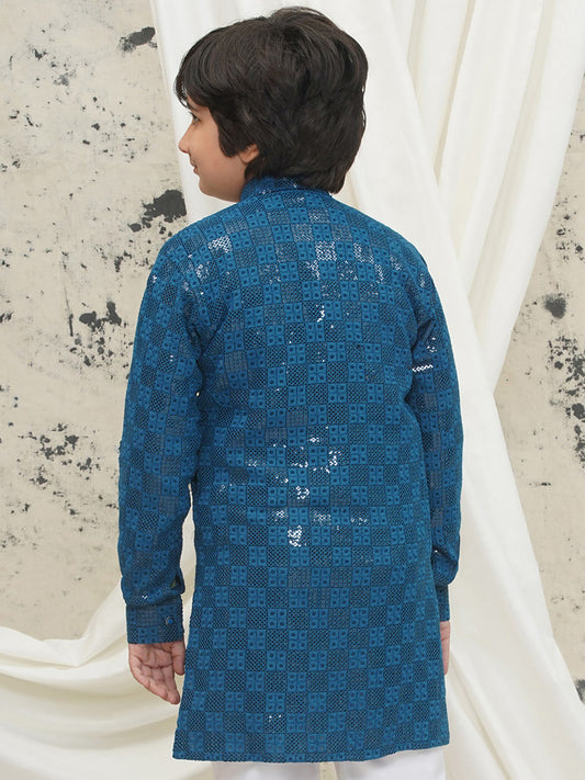 AJ Dezines Blue Full sleeves Sequenced Chikankari Kurta For Boys