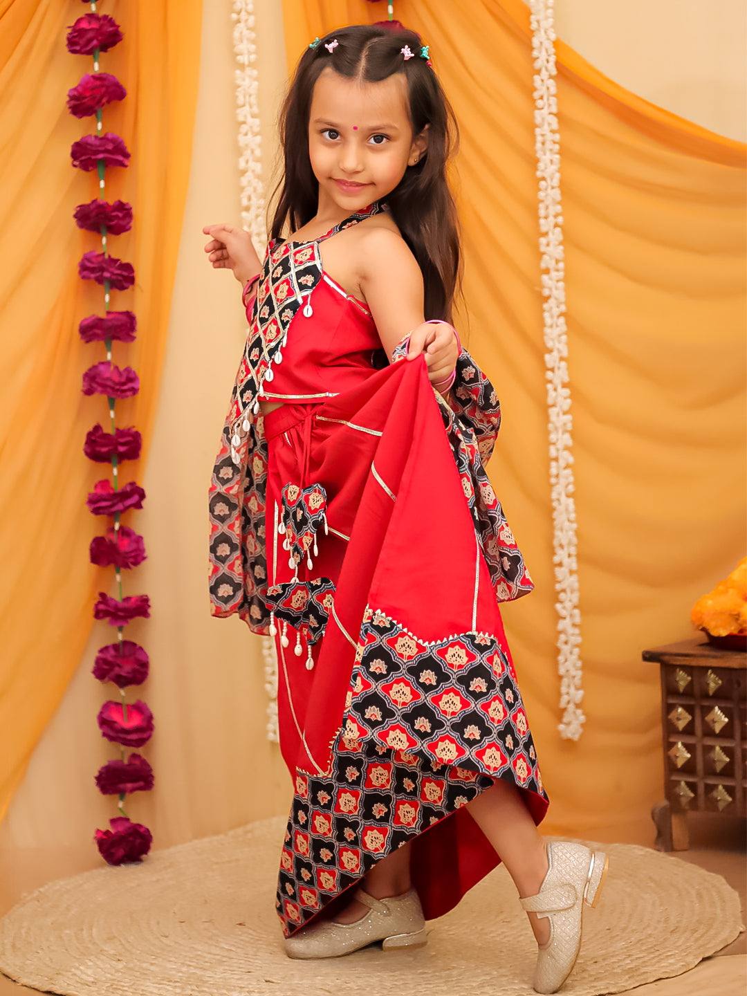 Red Cotton Sleeveless Floral Printed And Gotta Work Lehenga Choli