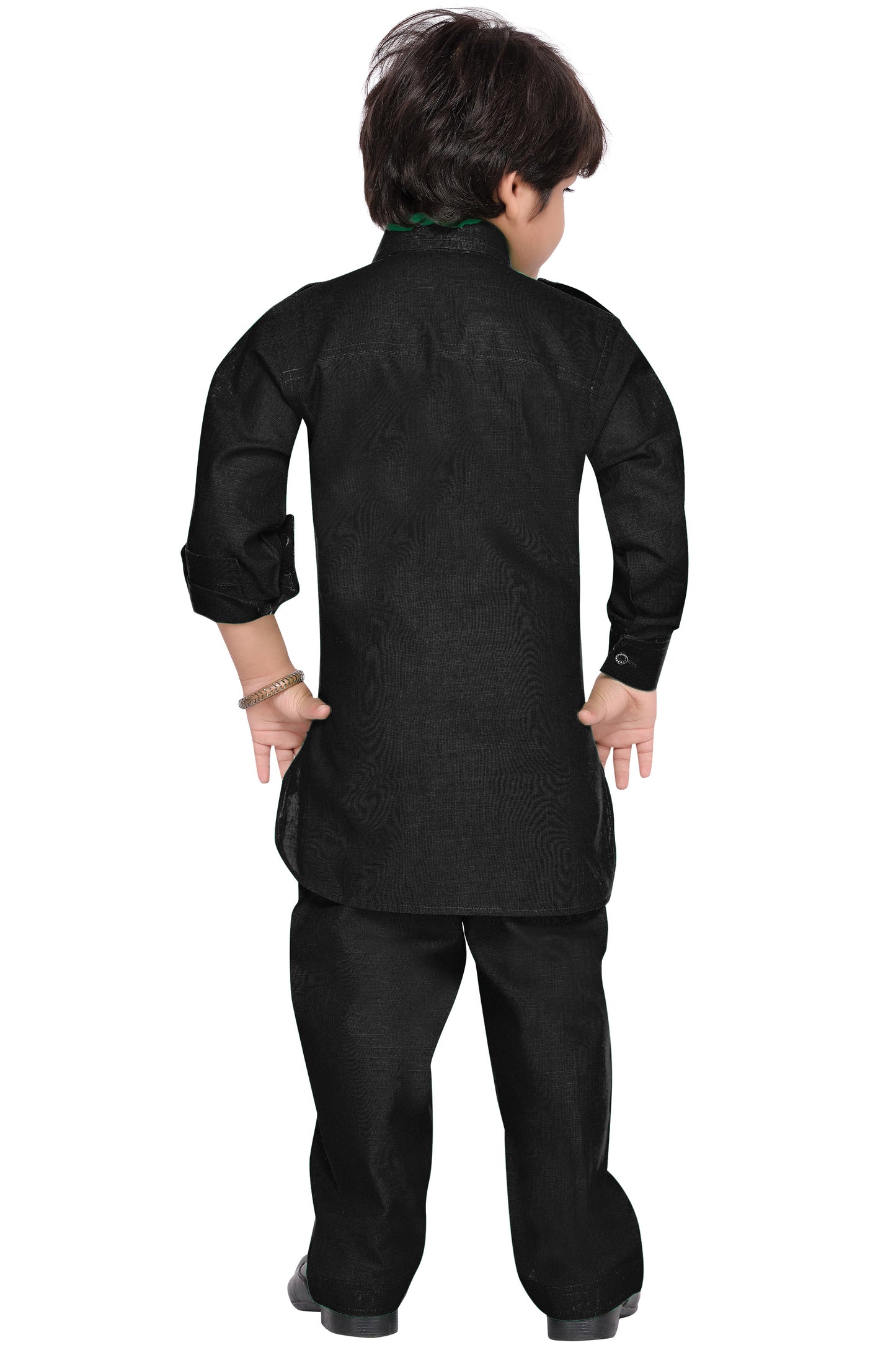 Boys Black Cotton Solid Pathani Suit