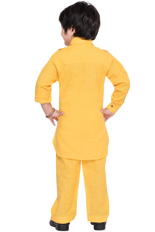 Boys Yellow Solid Cotton Blend Pathani Suit Set for Kids