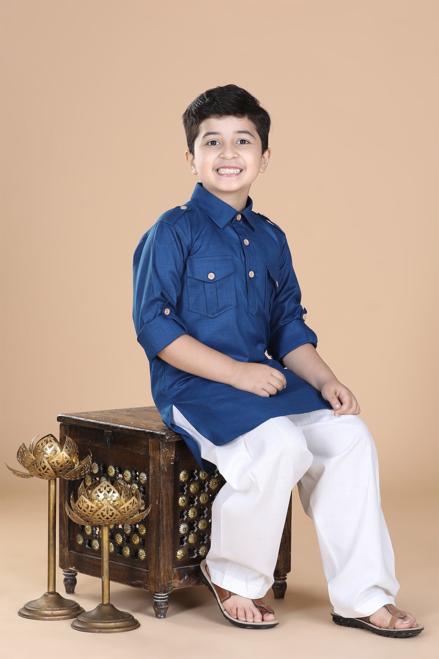 Boys Blue Solid Cotton Pathani Suit for Kids