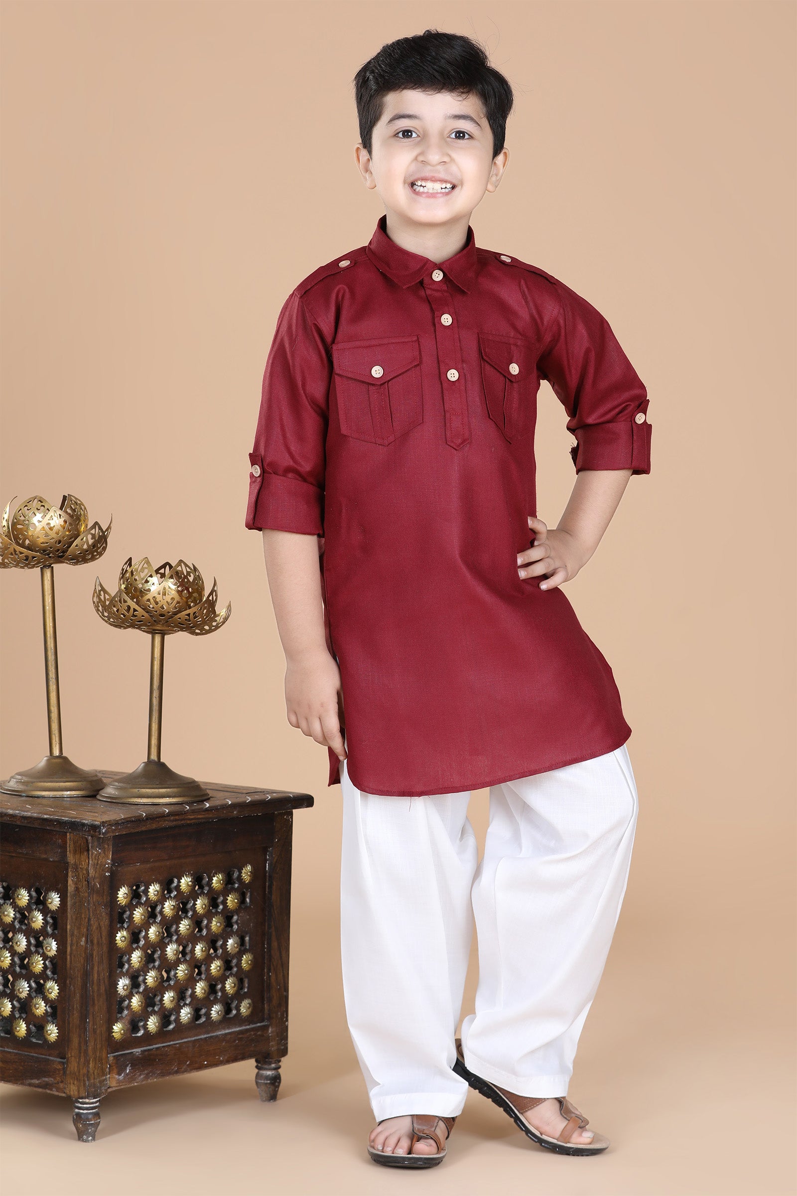 Boys Maroon Cotton Solid Color Pathani Suit AJ Dezines