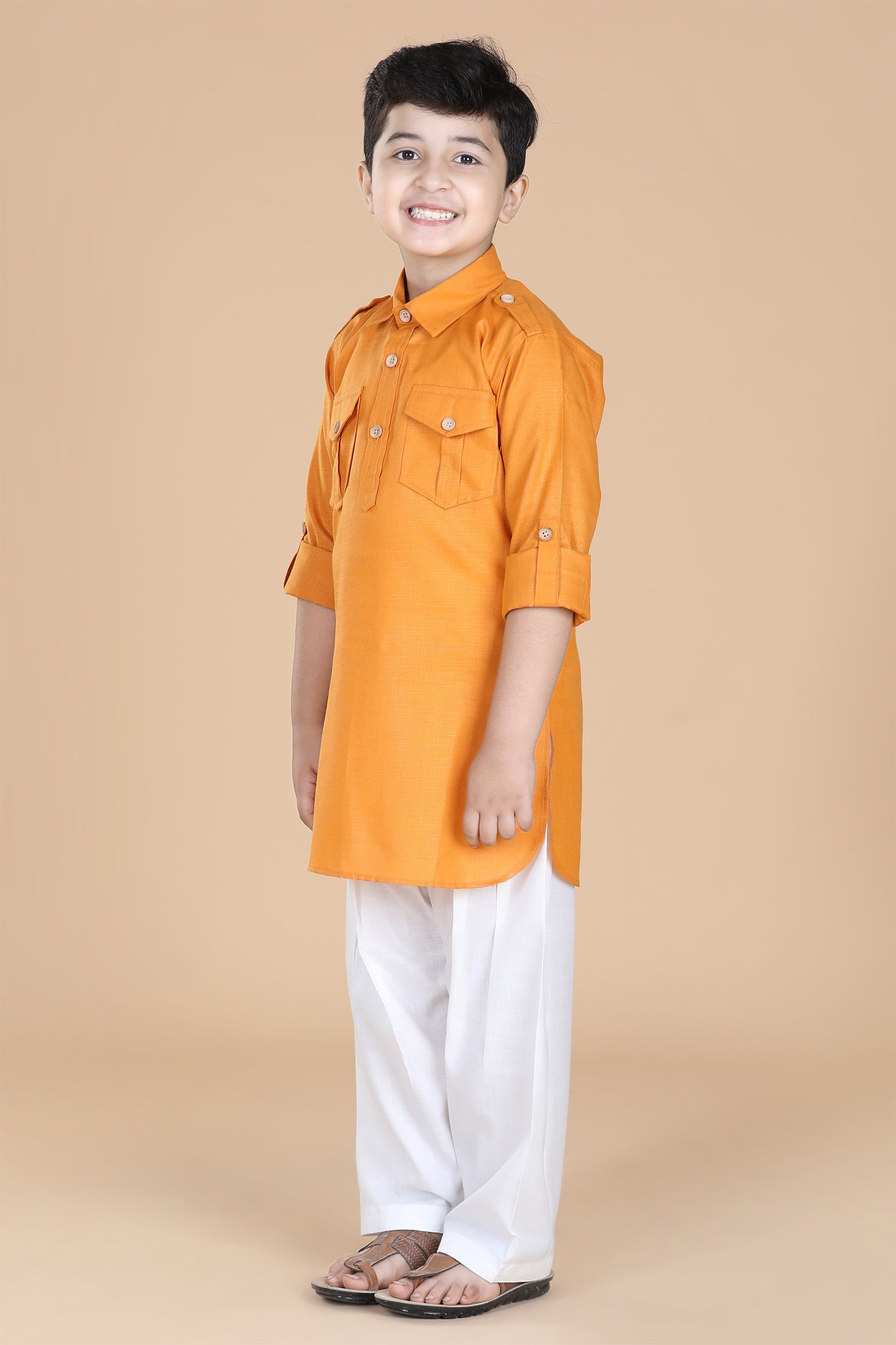 Kids Boys Mustard Solid Cotton Pathani Suit