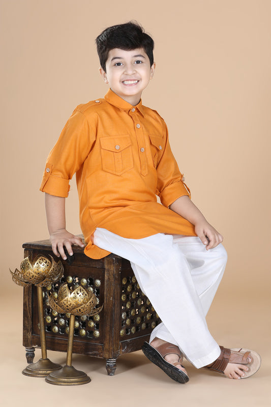 Kids Boys Mustard Solid Cotton Pathani Suit
