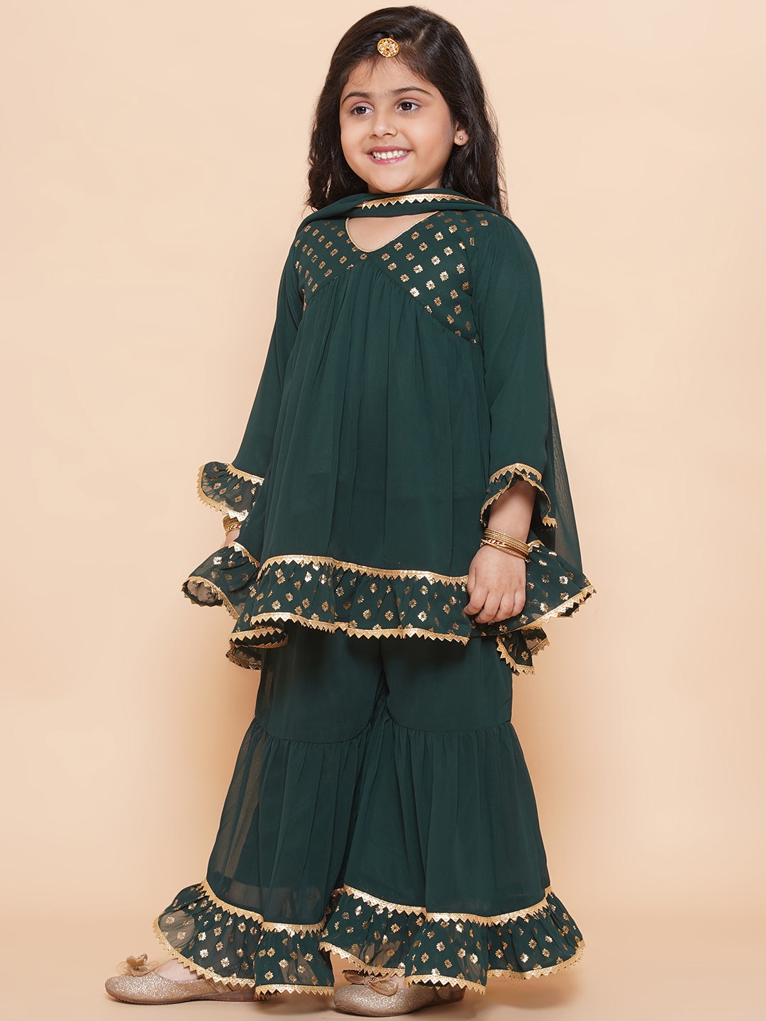 Kids Girls Green Block Print Georgette Sharara