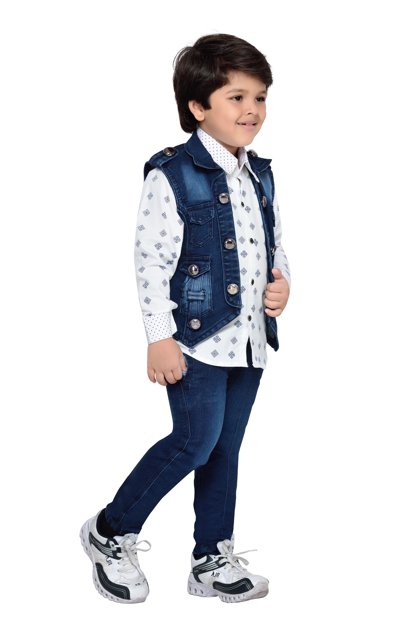 Kids Boys Blue Printed Cotton Blend Shirt Pant Waistcoat
