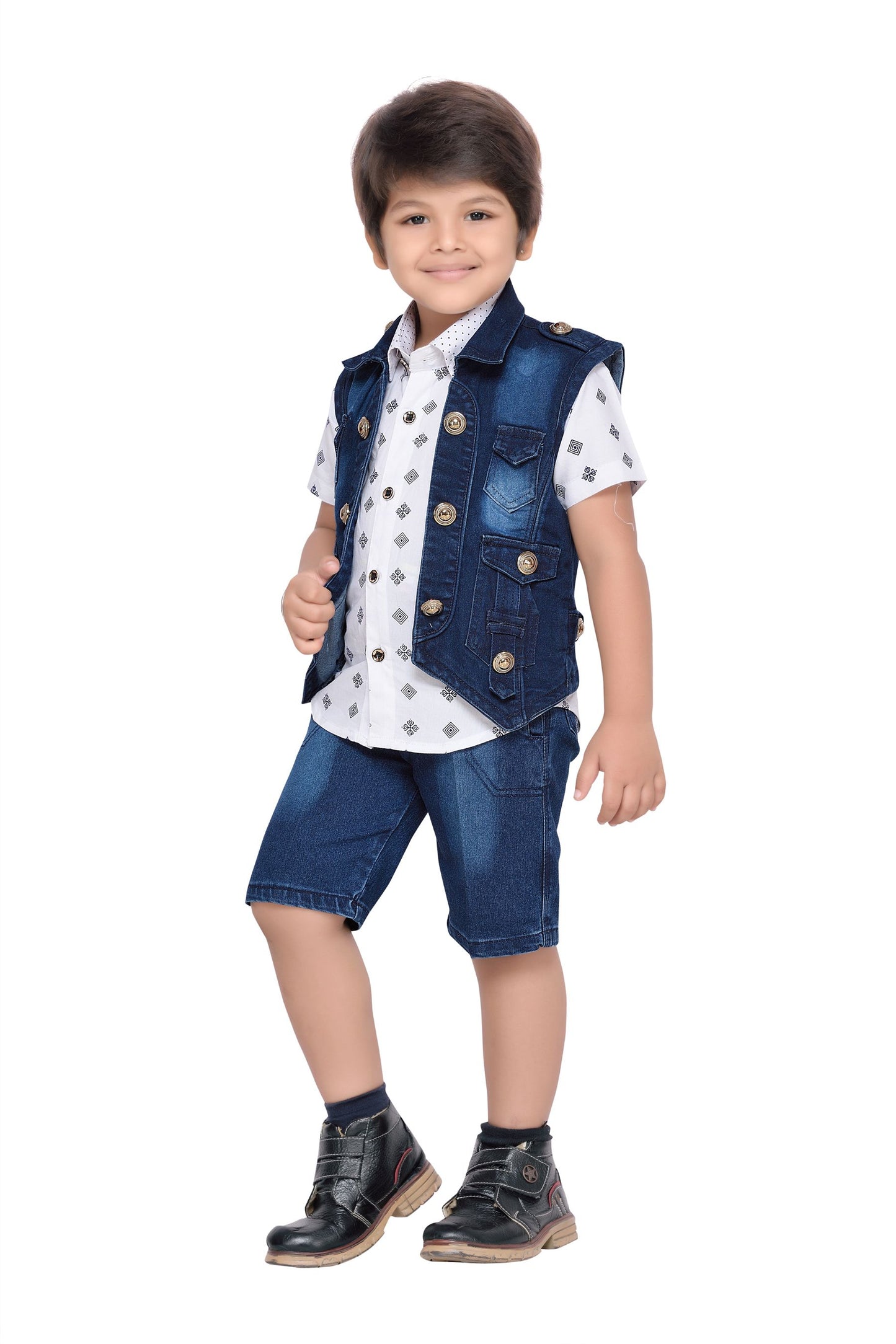 Kids Boys Blue Printed Cotton Blend Shirt Pant Waistcoat