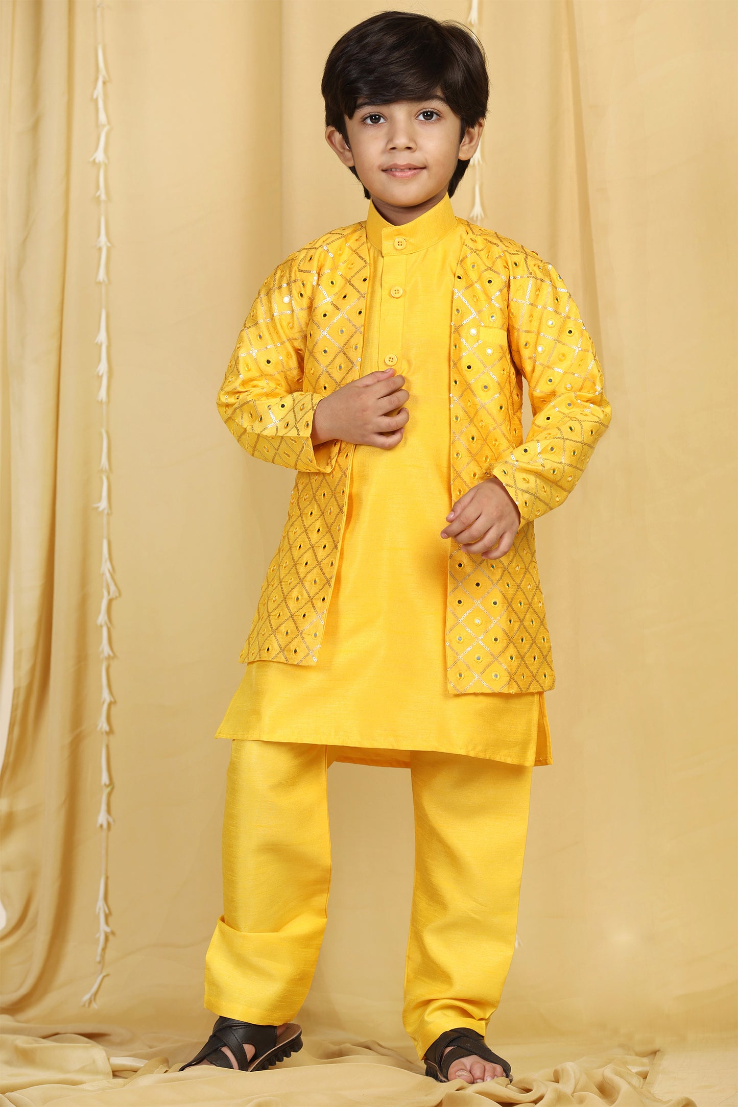 Boys Mustard Solid Silk Sherwani for Kids